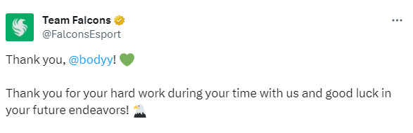 【CS2】Falcons发推告别bodyy：祝你在未来的工作中一切顺利！