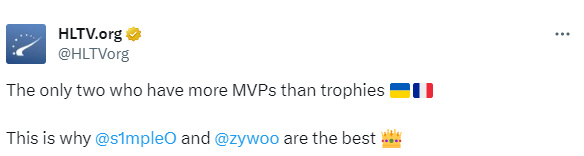 【CS2】s1mple与ZywOo是仅有两位MVP次数多于奖杯的选手-第1张