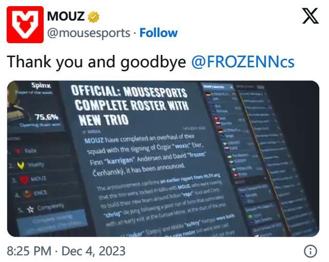 【CS2】官宣：frozen離開MOUZ戰隊