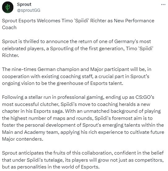 【CS2】官宣：Spiidi加入Sprout担任绩效教练-第1张