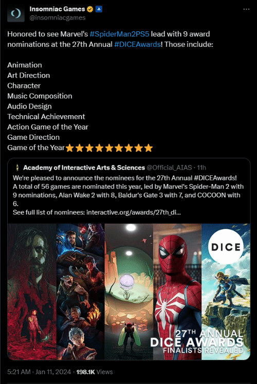 【PS】失眠組慶賀《漫威蜘蛛俠2》9項提名領跑 玩家：應得的！