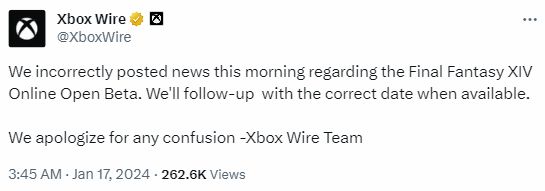Xbox宣佈《FF14》公測版今日上線XSX 隨後光速刪除