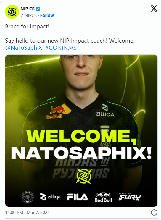 【CS2】求职哥NaToSaphiX将担任NIP女队教练