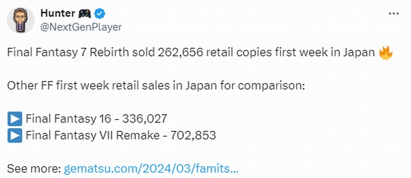 【最終幻想7 重生】日本《最終幻想7：重生》實體首發銷量比《最終幻想16》低22%-第0張