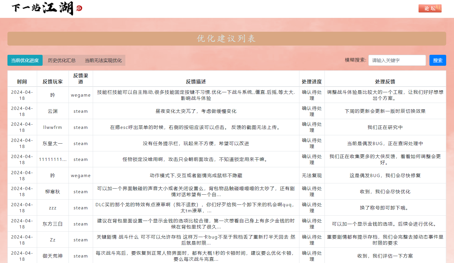 《下一站江湖Ⅱ》 江湖Ⅱ優化及BUG進度表