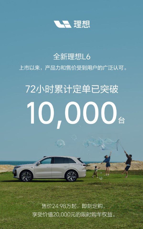 【愛車基地】理想 L6 車型 72 小時定單突破 10000 輛，小象灰車漆最受歡迎