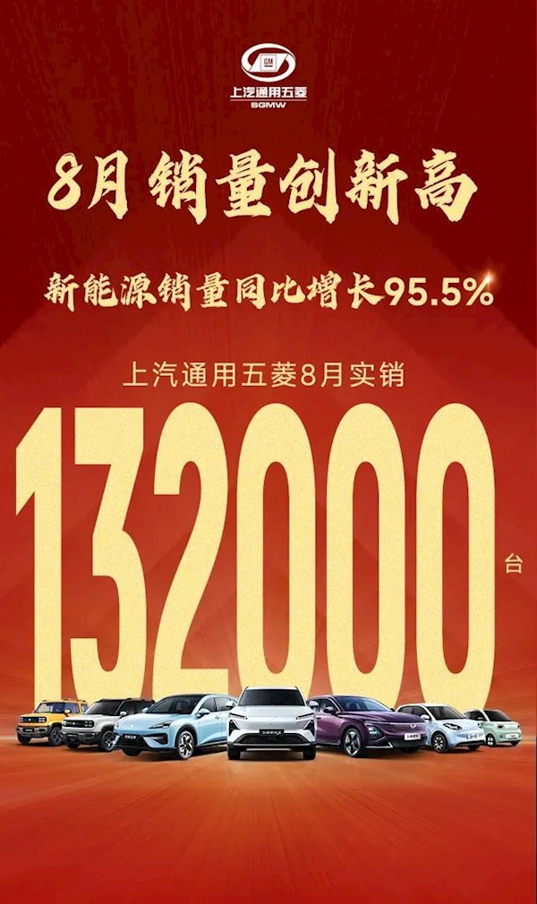 再创新高！五菱8月实销132000台 新能源暴增95.5%-第0张