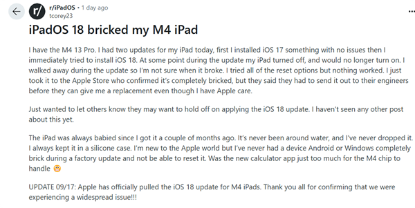 苹果iPadOS 18更新翻车！iPad升级黑屏变砖-第1张
