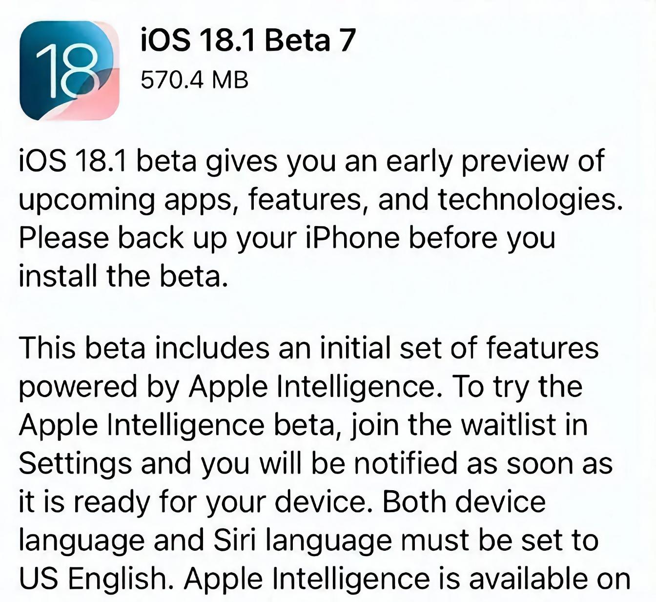 果粉注意！蘋果推送iOS 18.1 beta 7