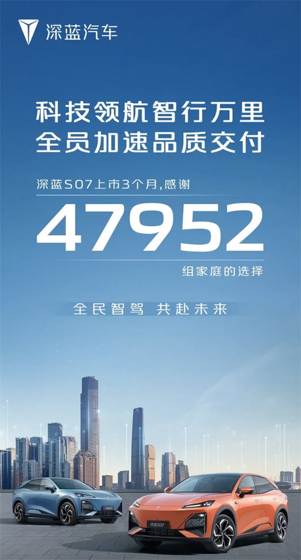 华为智驾加持！深蓝S07上市3个月销量达成47952台-第0张