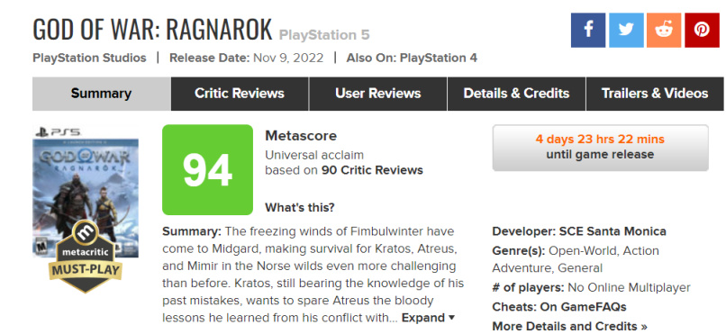《战神:诸神黄昏》媒体评分解禁 M站均分:94分，IGN 10分 GS 9分 3%title%