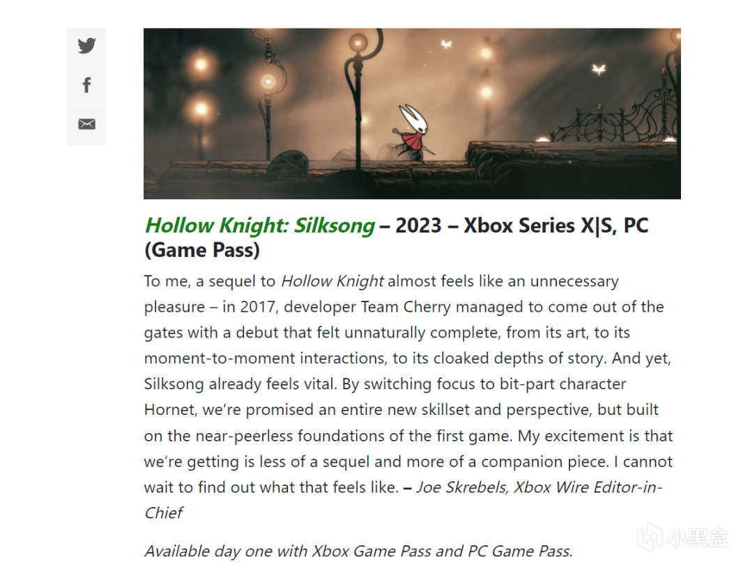 【PC游戏】终于要来了？《空洞骑士丝之歌》列入XBOX今年最期待游戏阵容-第1张