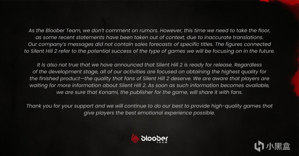 【PC遊戲】Bloober Team發佈闢謠聲明，稱寂靜嶺2重製沒有定下千萬銷量目標-第1張