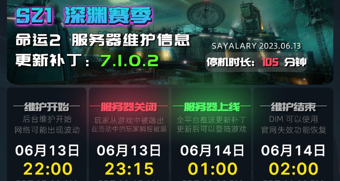 《命运2 停机维护信息 23/06/13》更新补丁：7.1.0.2