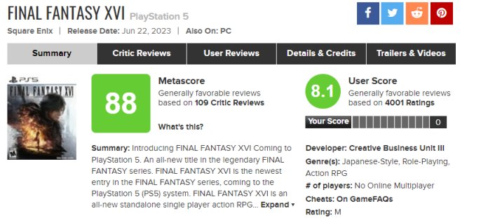 【主机游戏】好评一夜直接暴涨！《最终幻想 16》M 站用户评分涨至 8.1 分-第1张