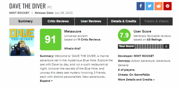《潜水员戴夫》M站评分高达91分-第1张