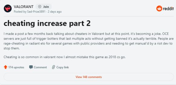 【无畏契约】玩家在社交媒体上称抱怨《Valorant》的作弊情况正在逐渐“失控”-第1张