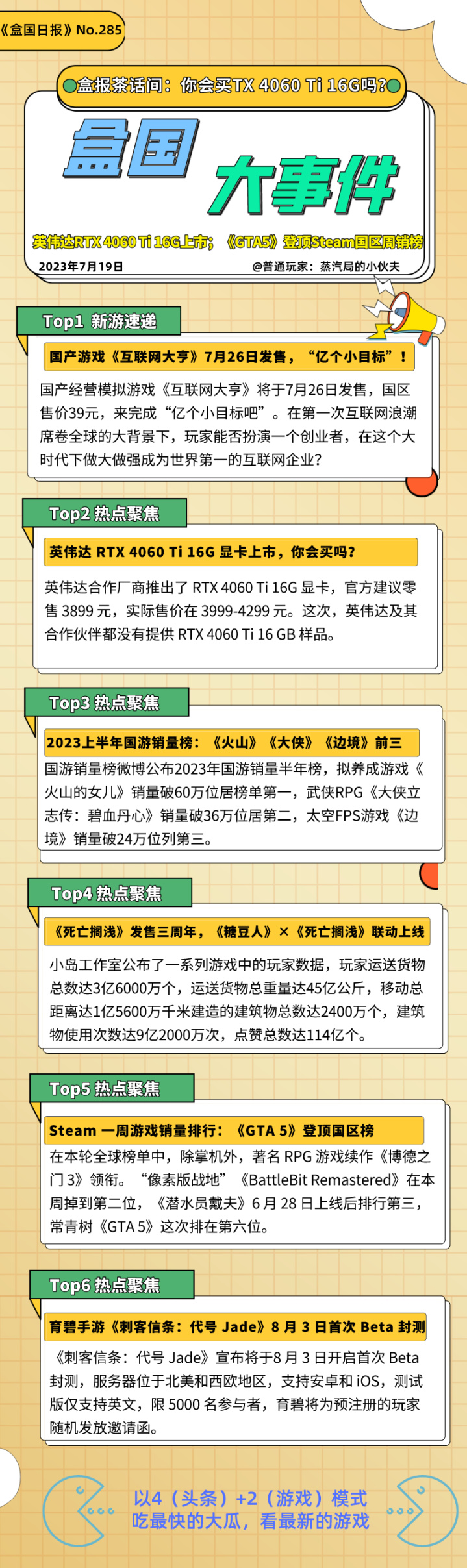 【PC遊戲】盒報|英偉達RTX 4060 Ti 16G上市；《GTA5》登頂Steam國區周銷榜-第0張