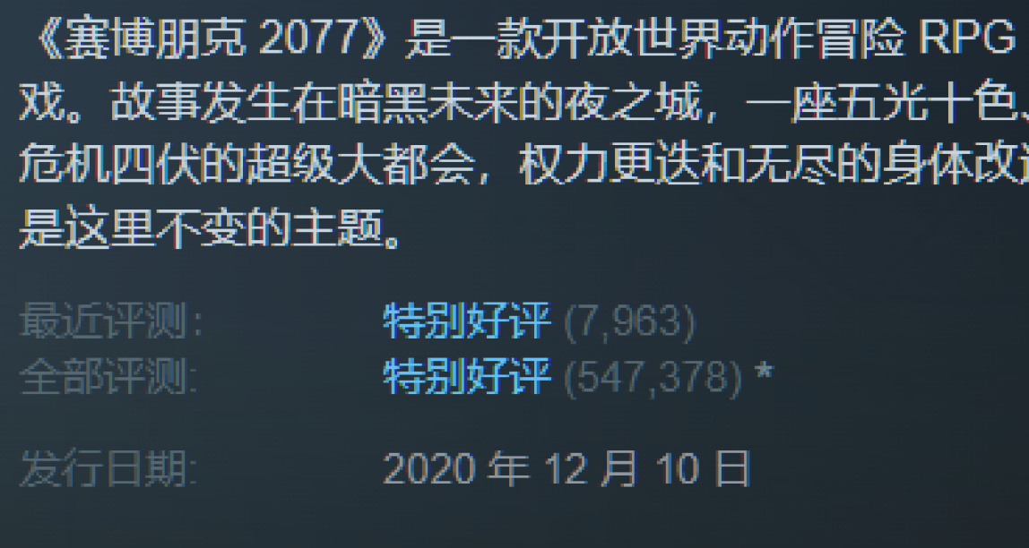 發售後兩年半，《賽博朋克2077》終於獲得了“特別好評”