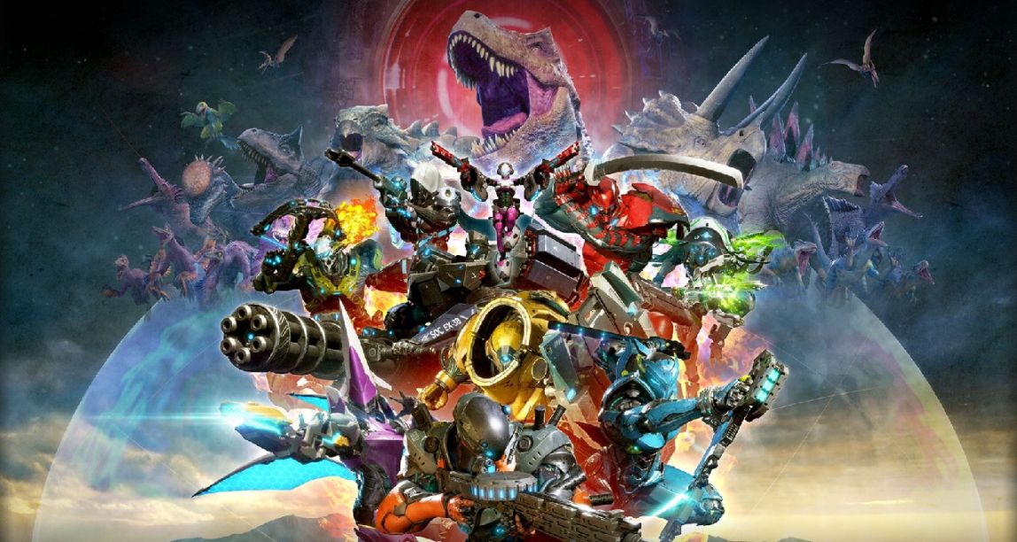 在線上團隊的《原始襲變》裏用動力裝甲對抗恐龍浩劫