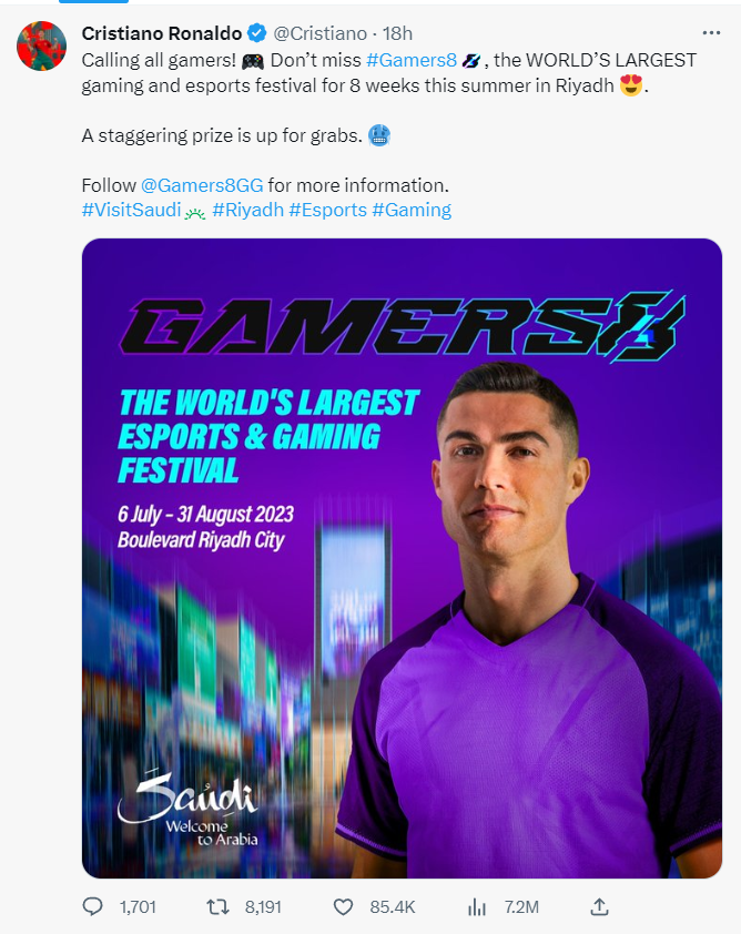 【刀塔2】壕擲萬金！足球巨星C羅推特發文為Gamers8遊戲節宣傳