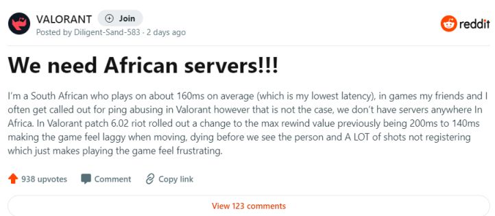 《Valorant》玩家恳求 Riot 添加非洲服务器以解决高延迟问题-第1张