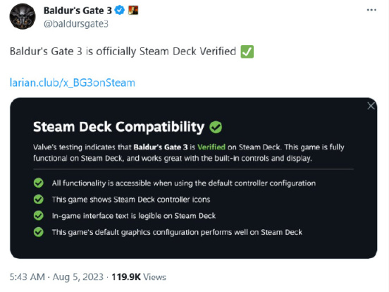 【PC游戏】随时随地来一把!官方宣布《博德之门3》现已通过Steam Deck验证！-第0张
