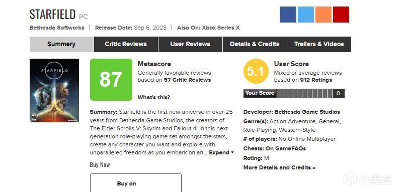 《星空》MC用戶評分現已解鎖 PC均分5.1 Xbox均分5.9-第1張