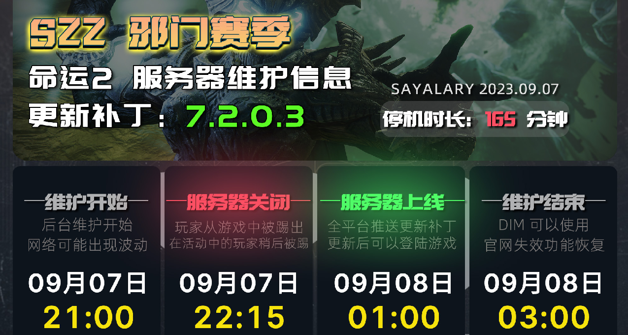《命运2 停机维护》更新补丁 7.2.0.3丨S22上维名片丨火手禁用