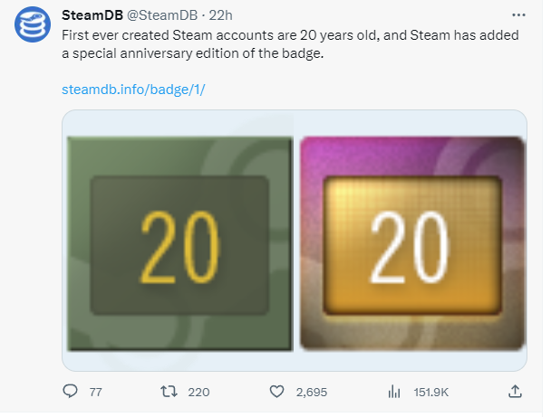 【PC遊戲】黑盒晚報：《2077》Steam好評突破50萬；v社發放20週年徽章-第1張