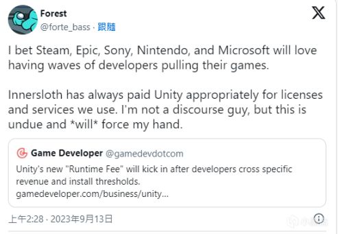 【主机游戏】抵制Unity收费新规！众多知名游戏开发商表达不满-第4张