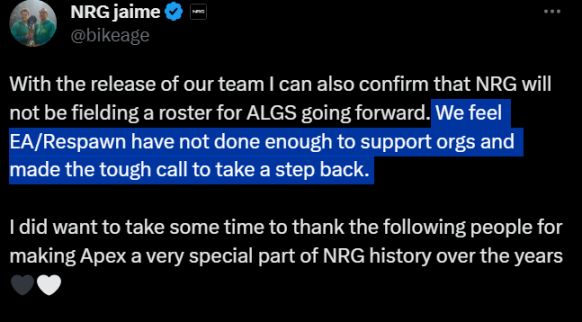 【Apex 英雄】[Apex英雄]NRG宣布退出ALGS，EA再次被指“对俱乐部支持不足”-第1张