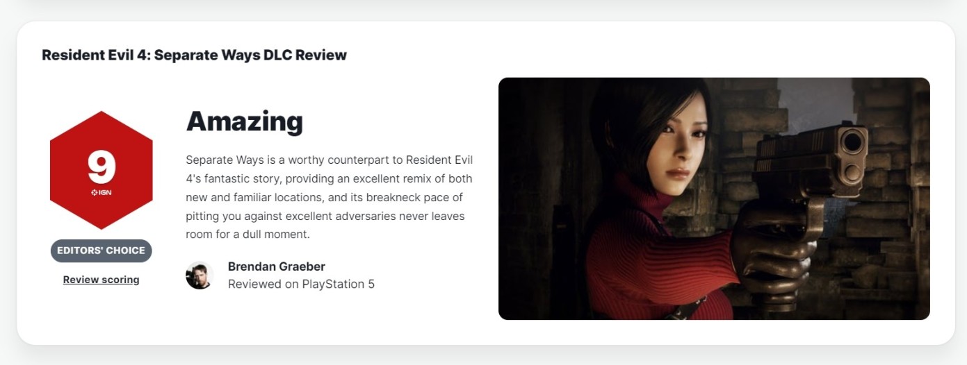 【PC游戏】IGN为《生化危机4：重制版》的DLC“逆命殊途”打出了9分好评-第1张