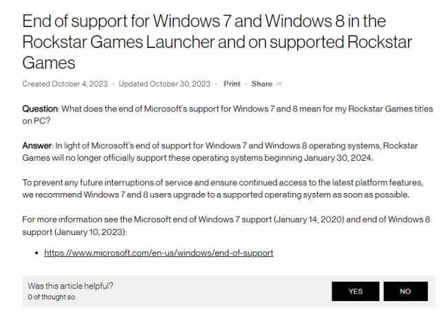 【PC遊戲】R 星發文表示：自明年一月底，旗下游戲將不再支持 Win7/8 系統