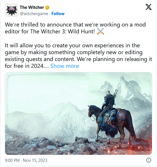 【PC游戏】8年老游戏《巫师3》官宣新模组编辑器开发中!预计2024年免费推出-第0张