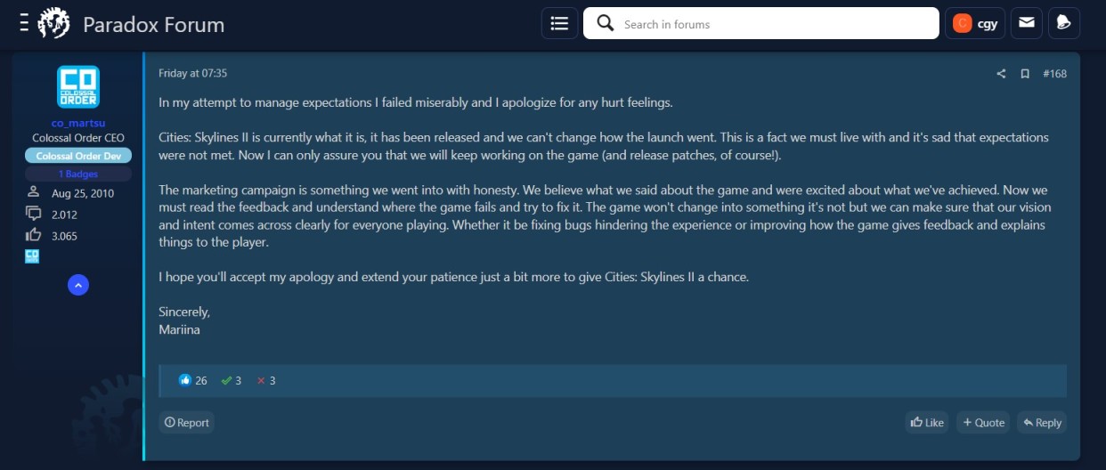 【PC游戏】CO社CEO向社区玩家道歉！城市天际线2准备更新十年！-第3张