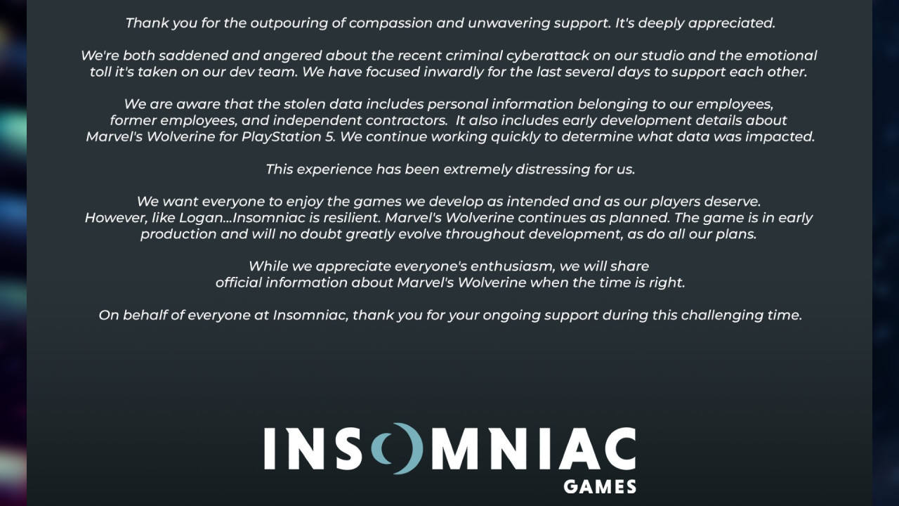 【PC游戏】Insomniac Games对黑客攻击表示“悲伤和愤怒”，游戏细节遭泄露