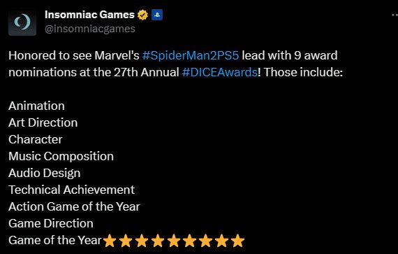【PC遊戲】DICE 年度大獎《漫威蜘蛛俠 2》獲九項提名領跑，失眠組發文感謝-第1張