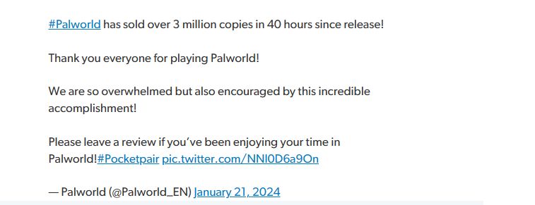 【PC游戏】Pocketpair再次道歉，因游戏销量超过300万份，合作服务器中断-第2张