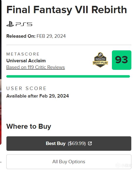 《最终幻想7：重生》是目前今年M站最高评分游戏，均分93-第0张