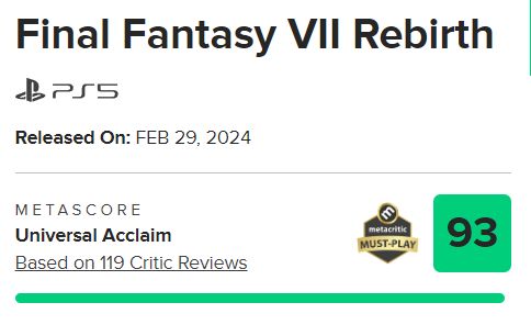 《最终幻想 7：重生》M 站均分 93 分：一款出色的游戏