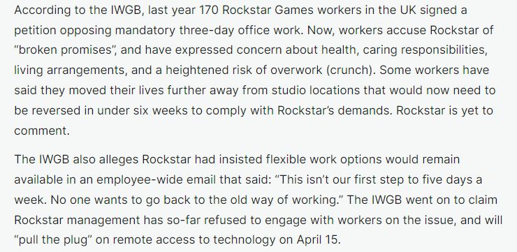 【PC遊戲】GTA6開發人員對R星強迫員工返回辦公室工作的決定提出強烈抗議