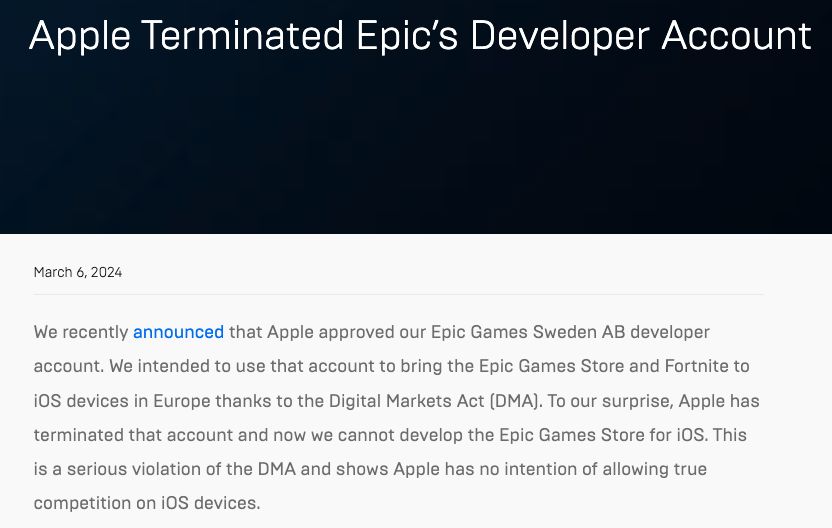 【PC游戏】从源头消除竞争：苹果终止Epic开发者账户