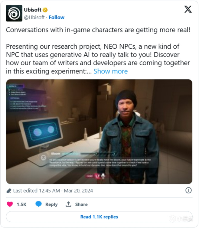 【PC游戏】育碧正在制作能够“真实对话”的 AI NPC