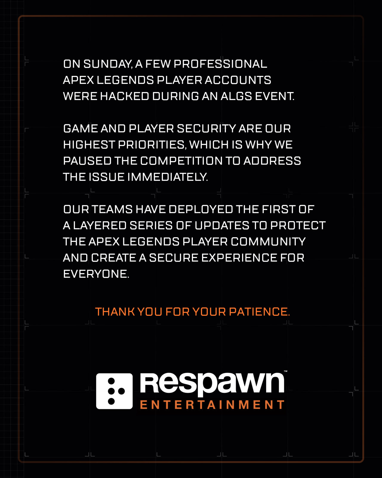 【Apex 英雄】热门[Apex英雄]开发商Respawn发布北美区决黑客事件相关处理声明