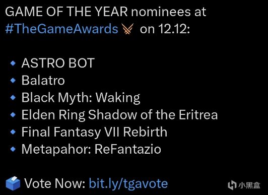 TGA提名名单揭晓，《黑神话》入选四奖，竞争年度最佳！