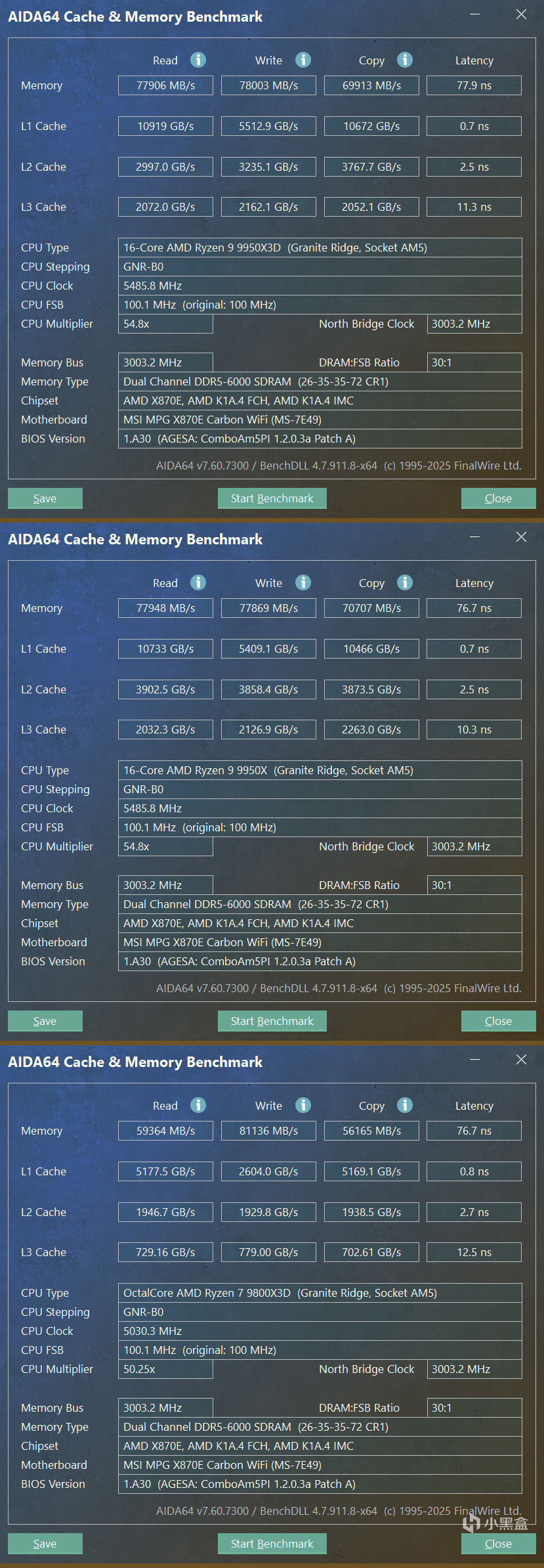 9950X3D VS 9950X VS 9800X3D深度测试，含调度分析|模拟游戏对比