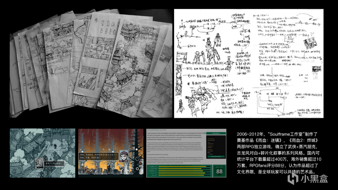 梁其伟在公开演讲中展示的学生时代《雨血1》设计稿：剧情、关卡、地图和角色最初都画在同一叠纸上。