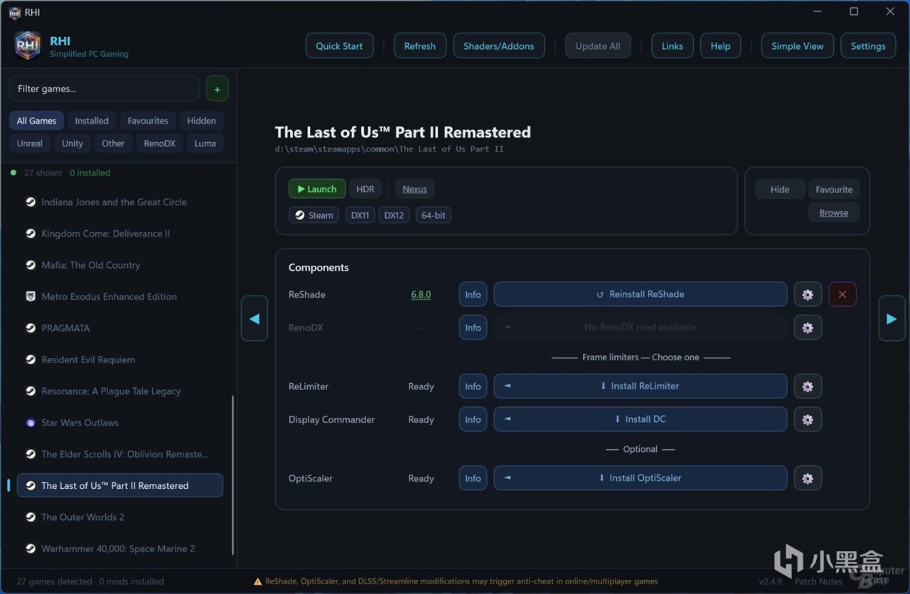 社区管理工具会先扫描游戏，并分别显示ReShade、RenoDX和其他组件是否就绪。手动安装时也要按同样的顺序逐项确认。